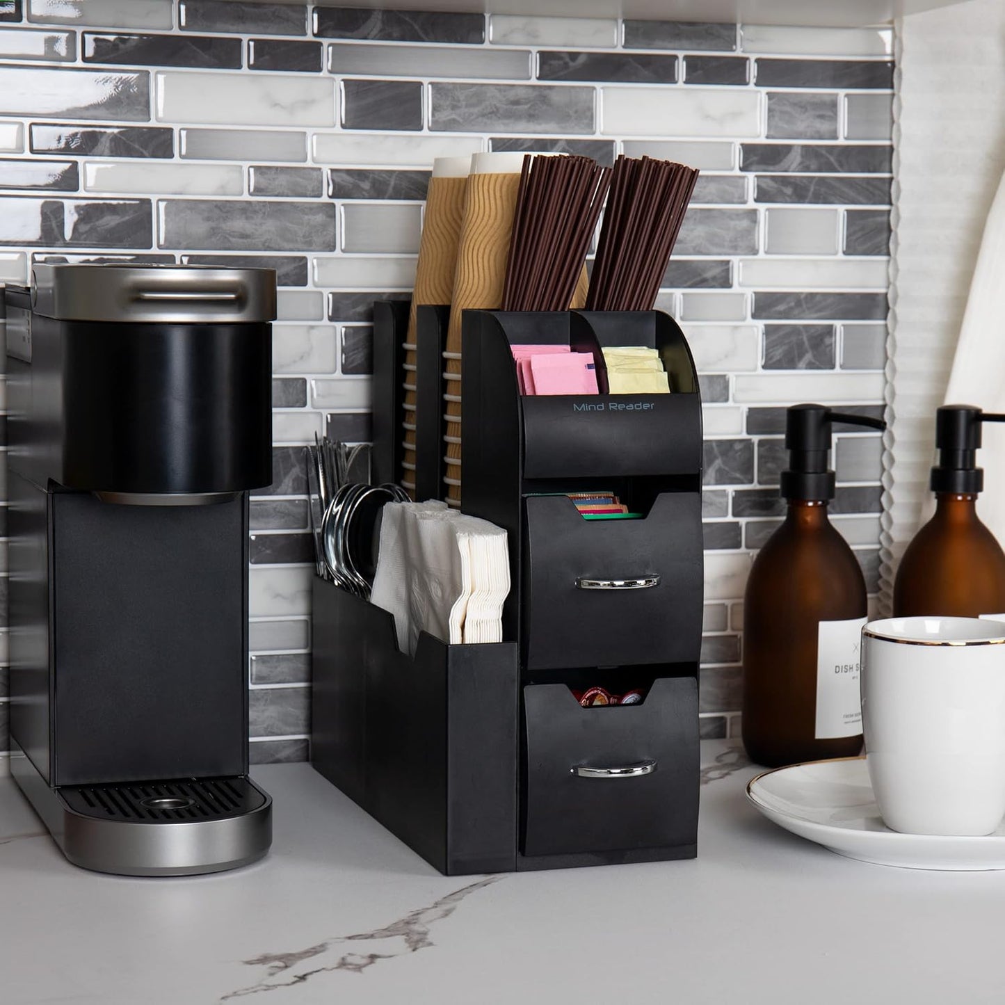 Mind Reader Cup and Condiment Station, Countertop Organizer, Coffee Bar, Kitchen, Stirrers, 5.35" W x 11.25" L x 11.15" H, Black (Pack of 8)