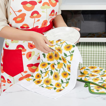 Oven Mitts and Potholders Dish Towles Set 100% Cotton for Perfect for Gifting, Baking, and Everyday Cooking Durable Heat Resistant for Kitchen and Machine Washable (3-Piece Sunflower)