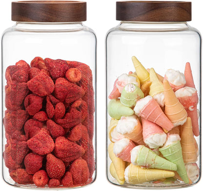 Large Glass Coffee Jars Round Storage Canister with Wooden Lid Clear Glass Food Jar for Pantry Sugar Tea Coffee Bean Spice Nuts Cookies Bath Salts