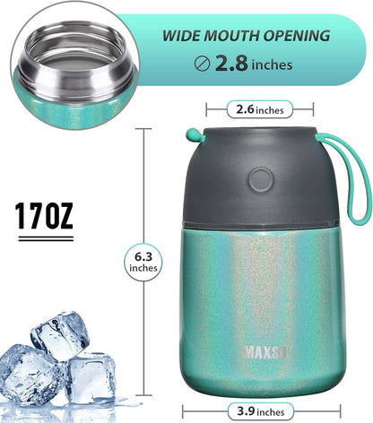 Insulated Food Jar for Hot & Cold Food for Kids Adult,17 oz Soup Thermo Hot Food Containers for Lunch, Triple Layer Insulation Stainless Steel Food Jar with Spoon (GPeacock)