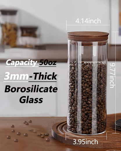 50 oz Coffee Canister with Scoop and Wooden Lids, Airtight Glass Coffee Jars Set of 2 for Ground Coffee, Coffee Beans Storage Container with Lids for Kitchen Brown Sugar, Coffee Bar