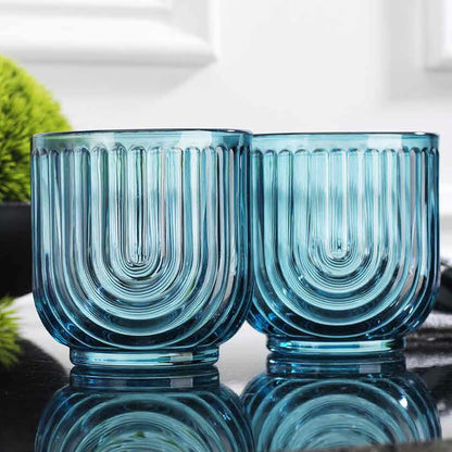 Glaver's Double Old Fashioned Rock Glasses, Set of 4 Blue Whiskey Glasses, 11 oz Art Deco U-Shape Design Embossed Everyday Home Bar Glassware. Art Deco Elegant Kitchen Drinking Glasses.