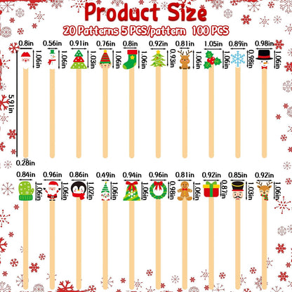 Mifoci 100 Pcs Christmas Wooded Coffee Stirrers Wood Cocktail Coffee Stir Sticks Disposable Stirring Sticks for Beverage Chocolate Hot Drink Party Supplies, 20 Styles (Vibrant Style)