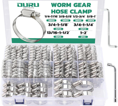 175PCS Hose Clamps Stainless Steel Assortment Adjustable 1/4"-2"(6-51mm) Worm Gear Hose Clamp, Heavy Duty Metal Small Hose Clamps for Automotive, Pipe, Radiator Plumbing, Fuel Line