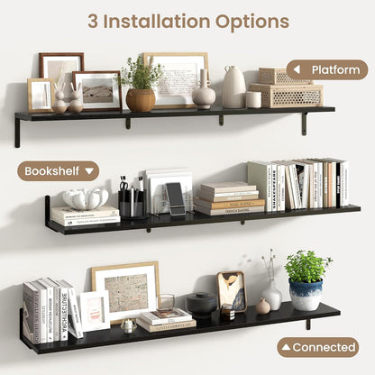 Fun Memories Deep Floating Shelves, 55W x 8D Floating Shelves Set of 2, Wall Mounted Shelf with Metal Brackets, Rustic Wood Wall Shelf for Bathroom, Kitchen and Living Room, Black