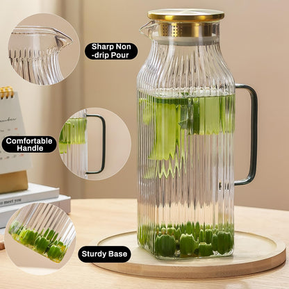 2 PACK Square Glass Pitcher with Lid and Spout,68 oz/2 Liter Vertical Stripes Water Pitcher for Fridge, Borosilicate Glass Water Carafe for Cold Brew, Coffee, Lemonade, Sun Tea,Heat Resistant