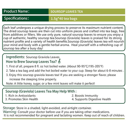 Samcci - Soursop Leaves Tea Bags, 40Teabags, 1.5g/bag, 100% Pure Sour Sop Graviola leaves Tea - Hojas De Guanabana Tea - Improve Digestion - Promotes Skin Health - Non-GMO - Caffeine-Free