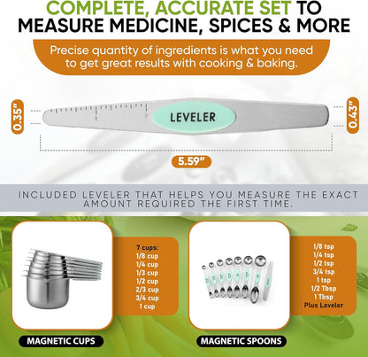 Spring Chef Magnetic Measuring Cups & Spoons Set (Patent Pending), Strong N45 Magnets, Heavy Duty Stainless Steel Fits in Spice Jars for Baking & Cooking, BPA Free, Round Set of 15 with Leveler, Mint