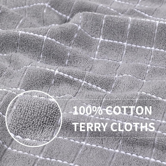 Homaxy 100% Cotton Terry Kitchen Towels(Light Grey, 13 x 28 Inches), Checkered Designed, Soft and Super Absorbent Dish Towels, 4 Pack
