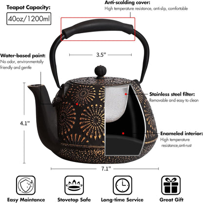 Cast Iron Teapot, 40oz Tea Kettle with Infuser for Stove Top, Sakura Design Japanese Tea Pot for Tea&Coffee Coated with Enameled Interior, Silicone Handle 1200ml black