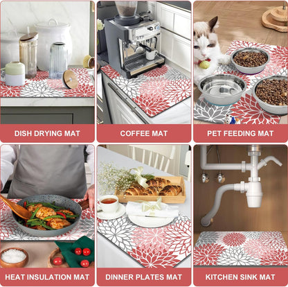 Findosom 2PCS 12" x 20" Christmas Dish Drying Mat & 24" x 5.5" Sink Splash Guard, Super Absorbent & Cuttable Dish Mat Drying Kitchen Mat with Red Floral, Hide Stain Drying Mat for Kitchen Counter
