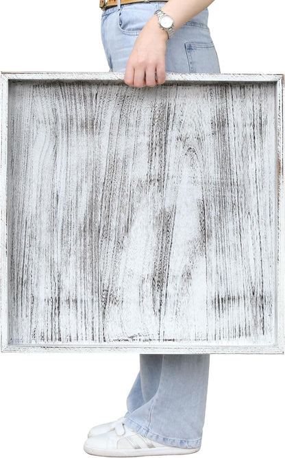 Extra Large Square Ottoman Table Tray 24" - Rustic Wooden Serving Tray for Farmhouse Decorative Oversized Coffee Table Trays Living Room Kitchen Counter Breakfast Whitewash