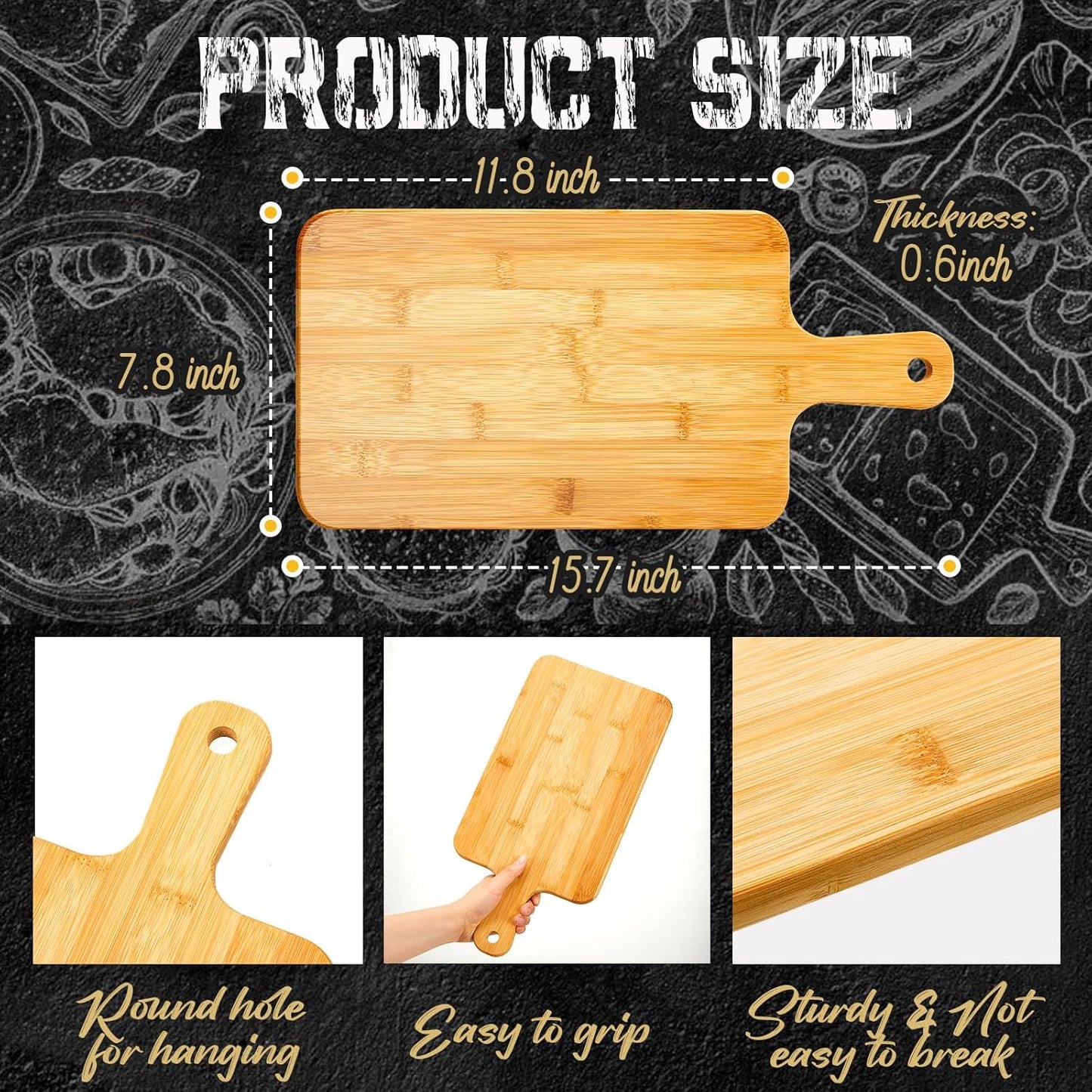 Nuenen 40 Pcs Wood Cutting Board with Handle 15.7 x 7.8 Inch Acacia Bamboo Wooden Serving Kitchen Chopping Boards for Pizza, Bread, Cheese, Charcuterie, Fruit, Vegetables (Bamboo)