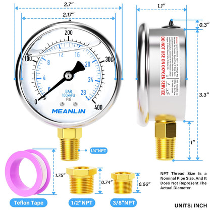 MEANLIN MEASURE 0~400Psi Stainless Steel 1/4" NPT 2.5" FACE DIAL Liquid Filled Pressure Gauge WOG Water Oil Air Lower Mount, with 1/4" x 1/2" NPT and 1/4" x 3/8" NPT Hex Bushing
