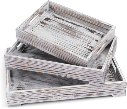 Flexzion Rustic Wooden Serving Tray with Handle - 3-Piece Set of Wooden Trays for Ottomans, Torched Whitewash Nesting Trays for Eating, Decoration, Coffee, Stackable Rectangular Breakfast Trays