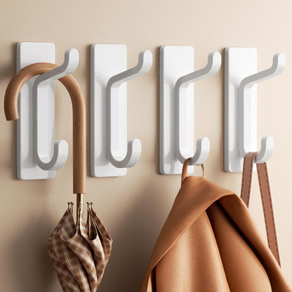 Wall Hooks for Coat and Towel: 13LB Adhesive Door Hanger Stick on, White 4 Pack