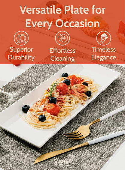 Sweese Porcelain Serving Platters 11.7 Inch - Elegant White Rectangular Plates, Set of 4 for Parties, Sushi, Appetizers