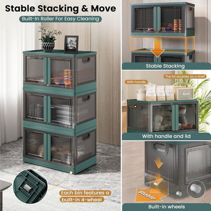 19Gal Collapsible Storage Bins with Lids & Wheels - 1 Pack Stackable with Doors, Heavy-Duty Plastic Containers for Home/Office, Green