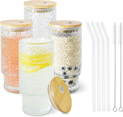 4 Pcs 11oz Drinking Glasses Cups Set with Bamboo Lids Straws Brush Small Embossed Glassware Set for Juice Iced Coffee Cocktail Whiskey(Begonia*4)