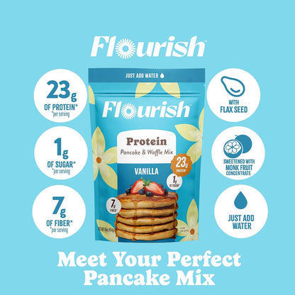Flourish Protein Pancake & Waffle Mix, with Whey Protein & Flax Seed, No Added Sugar, High in Protein & Fiber - Just Add Water - Vanilla Flavour, 430g (2 Pack) - Made in Canada