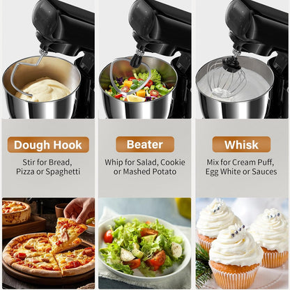Stand Mixer with 3QT+3.5QT Dual Bowls, 10-Speed Electric 300W Food Mixer - Includes Egg Whisk, Dough Hook & Flat Beater for Home Baking & Daily Cooking (Black)