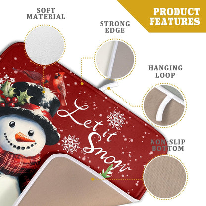 Let It Snow Winter Snowflake Red Dish Drying Mat for Kitchen Counter,Xmas Trees Snowman Cardinal Bird Drying Mat 16 x 18 Inch with High Absorbent Microfiber Drainer Mat for Coffee Bar