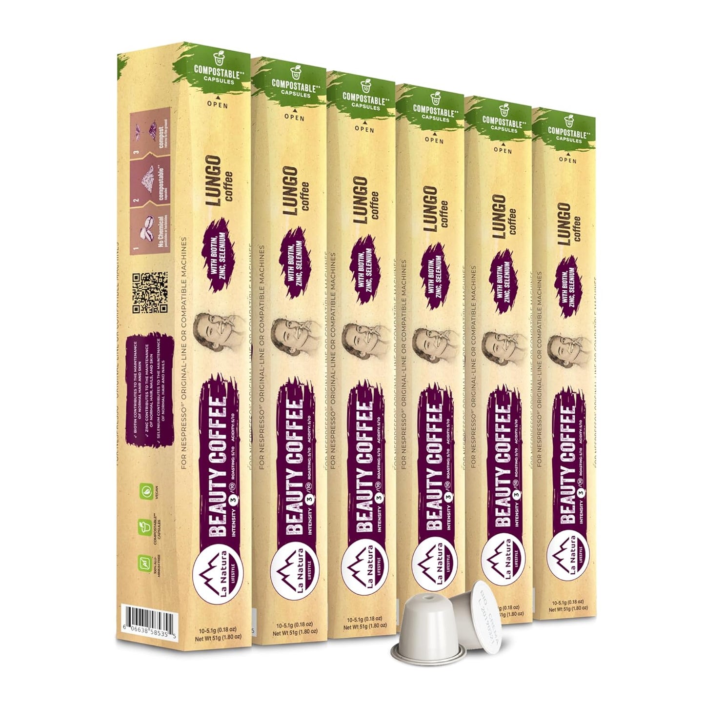 La Natura Lifestyle Beauty Coffee Pods - Lungo Roast European-Style with Biotin, Zinc & Selenium for Hair, Skin & Nails Health - Compostable Nespresso Original Line Compatible Capsules - Pack of 60