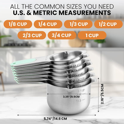 Spring Chef Magnetic Stainless Steel Measuring Cups (Patent Pending), Kitchen Tools with Easy to Read Markings for Measuring Dry or Liquid Ingredients, Set of 7, Mint