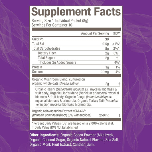 OM MUSHROOM SUPERFOOD Hot Chocolate Blend Mushroom Powder, Single Serve, 10 Count, Dutch Cocoa, 2g of Sugar, 25 Calories, Lion's Mane, Reishi, Chaga, Turkey Tail, Focus and Stress Support