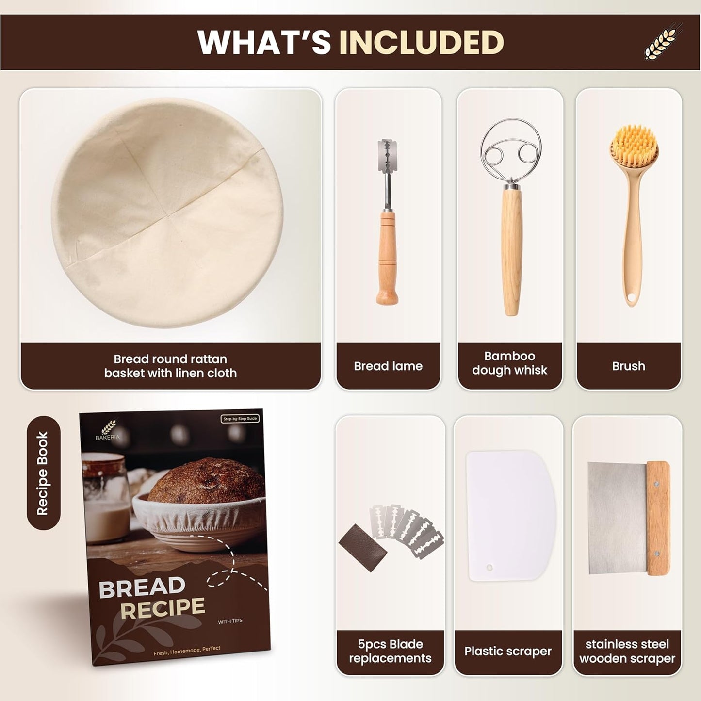 BAKERIA 9" Banneton Proofing Basket Kit (Round) – Sourdough Bread Making Set with Danish Whisk, Bread Lame + 5 Blades, 2 Scrapers, Brush, Linen Liner & Recipe Book – No Starter Culture