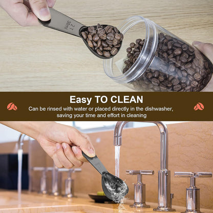 Stainless steel coffee scoop 2-piece set (1 tbsp, 2 tbsp) durable Tablespoon, ergonomic measuring spoon, Suitable for small and large jars，short-handled spoon (Black)