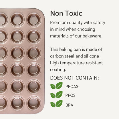 Non Toxic Nonstick 24 Cup Mini Muffin Pan | PFOA BPA free Nontoxic Mini Cupcake Tin | Best Non Stick Muffin Pans | Carbon Steel Small Muffin tins | Cupcakes Bakeware Mold