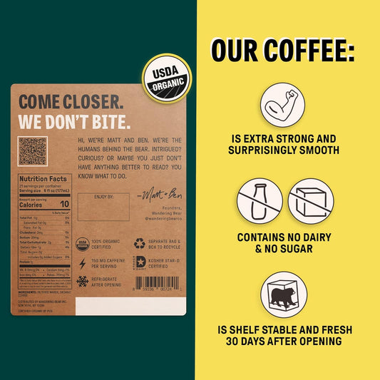 Wandering Bear Straight Black Organic Cold Brew Coffee On Tap, 128 fl oz (1 gallon) - Extra Strong, Bold, Smooth, Unsweetened, Shelf-Stable, Ready to Drink, 100% Organic Iced Cold Brewed Coffee Drinks