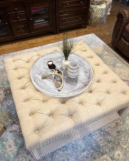 Extra Large Round Ottoman Table Tray 20" - Rustic Wooden Serving Tray for Farmhouse Decorative Oversized Coffee Table Trays Living Room Kitchen Counter Breakfast White