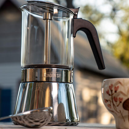 London Sip Glass and Stainless Steel Stovetop Espresso Maker Moka Pot Italian Coffee Percolator, Matte Black, Large (15.2 oz)