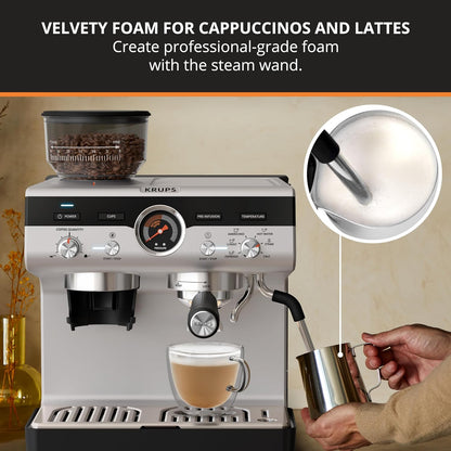 KRUPS Precision Espresso Coffee Machine with Grinder, Latte & Cappuccino Maker, Pump Pressure + Milk Frother Steam Wand, Adjustable Grind Settings for Barista-Quality Results, Stainless Steel & Black