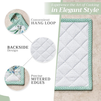 Maison d' Hermine 100% Cotton Oven Mitt & Pot Holder Set (7.5"x13" & 8"x8") Heat Resistant BBQ Cooking Gloves with Loop, Baking, Grilling, Kitchen, Handling Hot Pans (Snowy World)