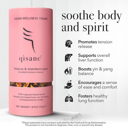 qìsane Organic Hibiscus Tea Bags with Mandarin Peel - Loose Leaf Hibiscus Tea, Organic Licorice Root, Cassia Seeds - Tangy Citrus Flavor to Help Support Strain and Tension - 10 sachets (~30 cups)