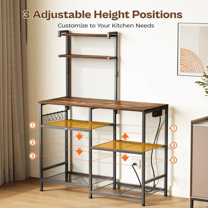 Huuger 39.4 Inch Bakers Rack with Power Outlets, Kitchen Microwave Stand with Storage, Coffee Bar with 4 Hooks, 3-Level Height Open Shelves, Rustic Brown