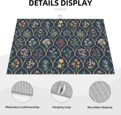 2Pcs Dish Drying Mats Faucet Mats Sets Large Size Coffee Mats Sink Faucet Mat Splash Guard for Kitchen Counter Bathroom Sink Coffee Bar Kitchen Decor (Vintage Flowers, 18"x24" 15" x 5.5"Set)