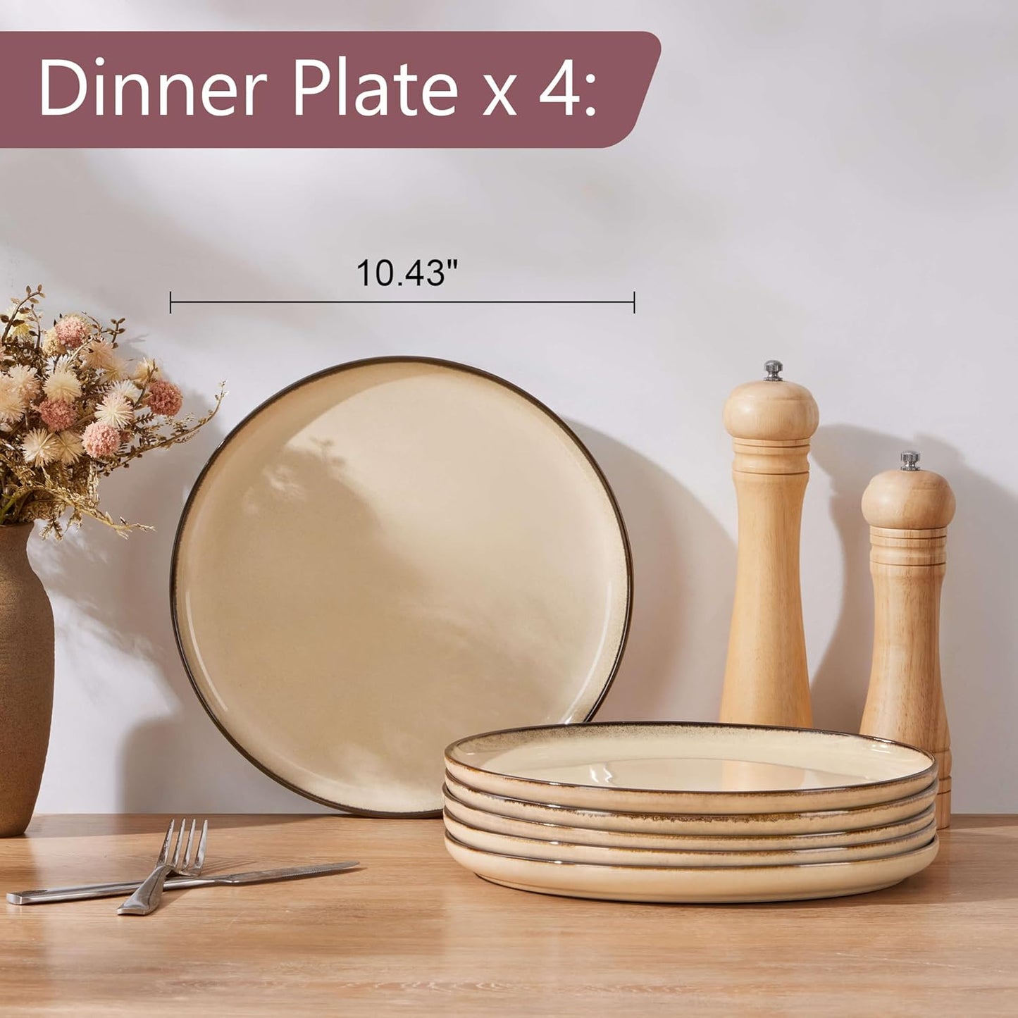 Herogo Ceramic 10.43 Inch Dinner Plates Set of 6, Stoneware Dinnerware Plate Set, Double Reactive Glaze Large Dinnerware Plates for Kitchen, Microwave, Oven & Dishwasher Safe, Cream Khaki