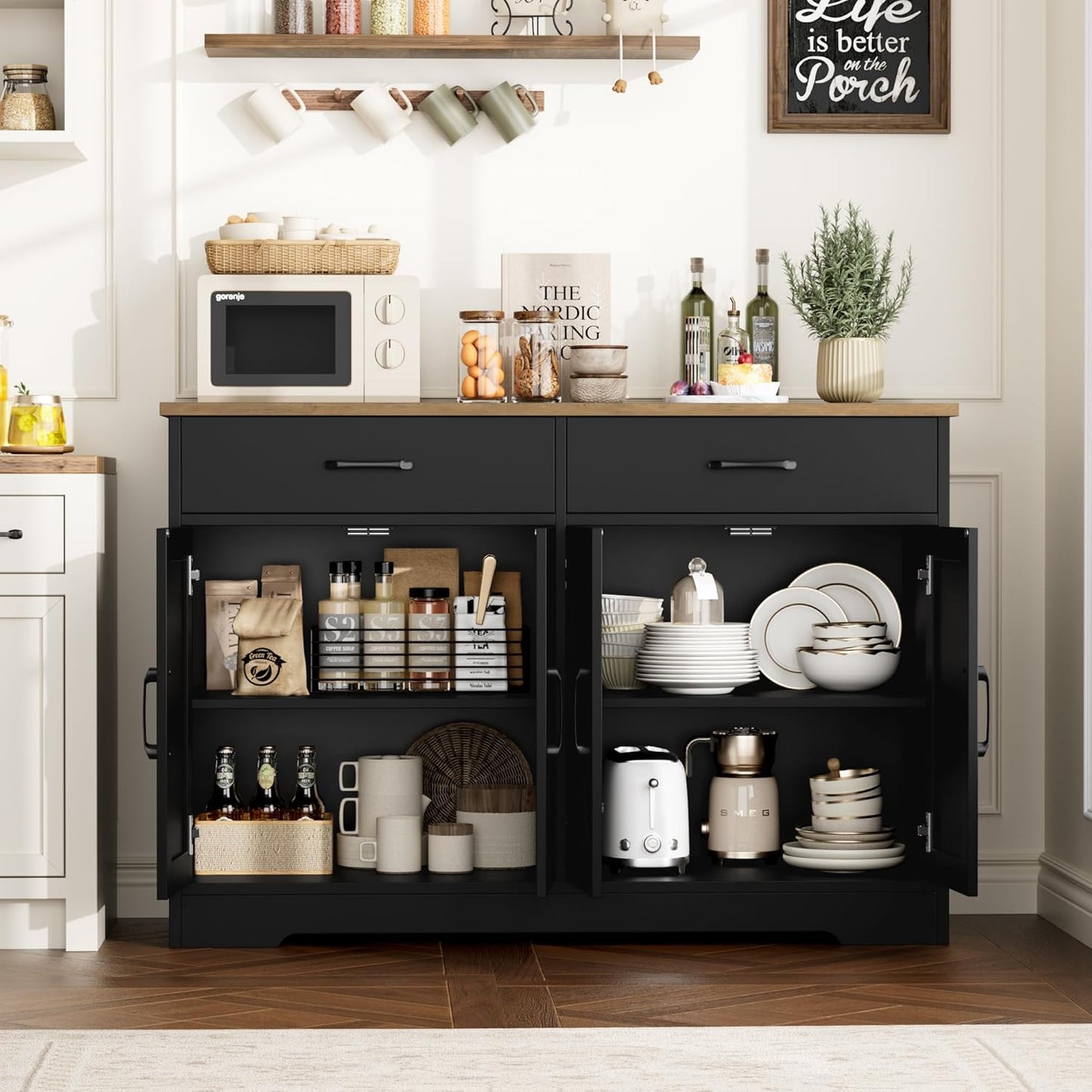 HOSTACK Buffet Cabinet with Storage, 47.2" Kitchen Sideboard Buffet with Drawers, Modern Farmhouse Coffee Bar Station with Shelves, Barn Doors Storage Cabinet for Living Room, Black/Rustic Brown