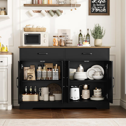 HOSTACK Buffet Cabinet with Storage, 47.2" Kitchen Sideboard Buffet with Drawers, Modern Farmhouse Coffee Bar Station with Shelves, Barn Doors Storage Cabinet for Living Room, Black/Rustic Brown