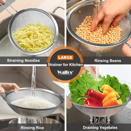 Walfos Large Fine Mesh Strainer 9.5" & 8", Stainless Steel Mesh Sieve with Sturdy Handle, Kitchen Metal Food Strainers for Quinoa, Rice, Pasta, Fruits, Vegetables, etc., Set of 2