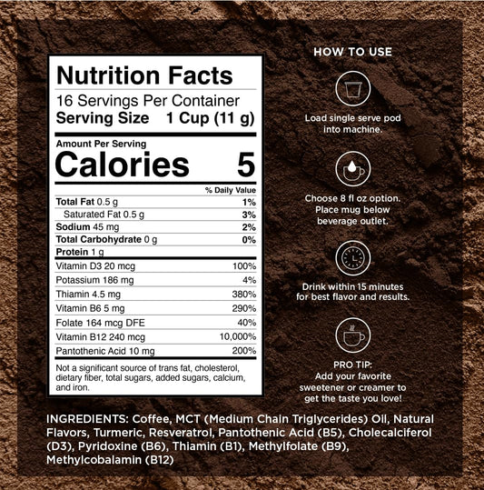 VitaCup Genius Vanilla Keto Coffee Pods w/MCT Oil, Turmeric, B Vitamins, & D3 for Energy & Focus in Recyclable Single Serve Pod Compatible with K-Cup Brewers Including Keurig 2.0, 16 CT