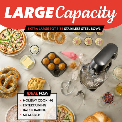 Gourmia 7 Qt Stand Mixer w/Attachments, Bowl Shield, Dough Hook, Whisk & Beater - 10-Speed Heavy Duty Kitchen Countertop Electric Dough Mixer