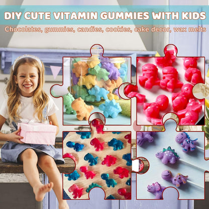 HKNMTT Gummy Dinosaur Molds Silicone, Mini Cute Dinosaur Shaped Candy Chocolate Molds With 2 Droppers, 4 Pack 192 Cavities Non-stick BPA free Bite Size Animal Kid Molds, DIY Candy Making Kit