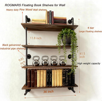Floating Shelves for Wall,Solid Wood Shelves Industrial Pipe Shelving 36inch for Wall Decor,Kitchen,Living Room