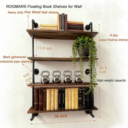 Floating Shelves for Wall,Solid Wood Shelves Industrial Pipe Shelving 36inch for Wall Decor,Kitchen,Living Room