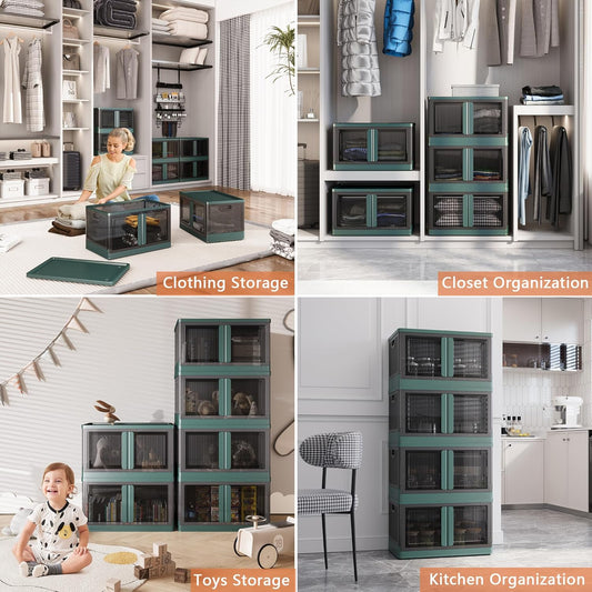 19Gal Collapsible Storage Bins with Lids & Wheels - 2 Pack Stackable with Doors, Heavy-Duty Plastic Containers for Home/Office, Green